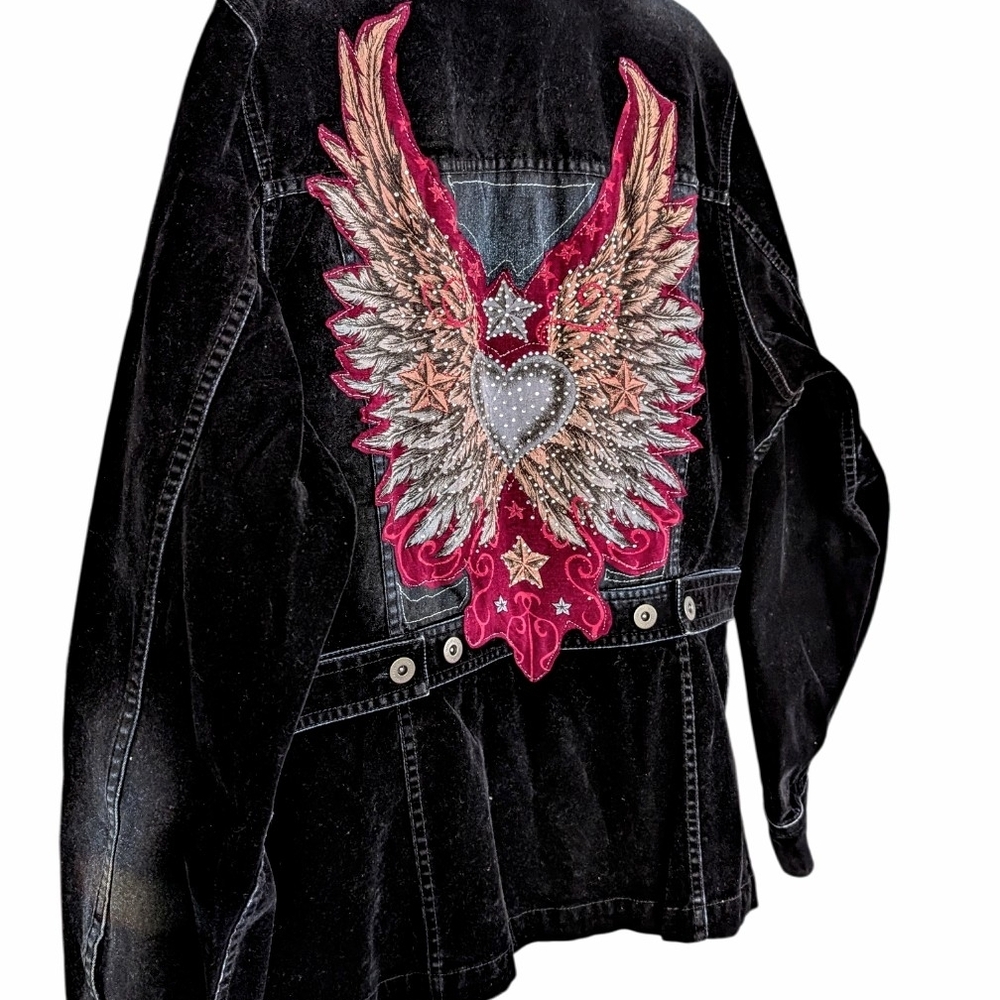 Liz Claiborne Black Jean Jacket with Red and Silver Embellishments, Large - Picture 7 of 7